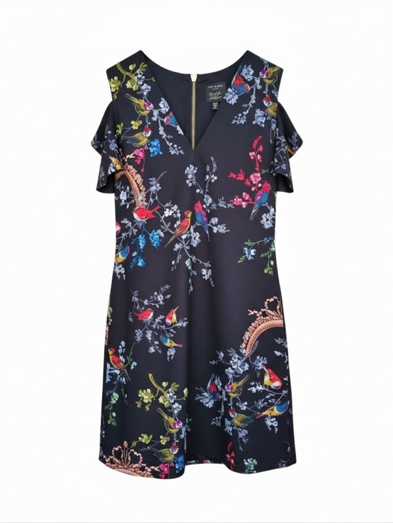 Ted Baker Dresses & Skirts - Ted Baker Black Bird & Floral Cold-Shoulder Mini Dress Size 3 (8 US)